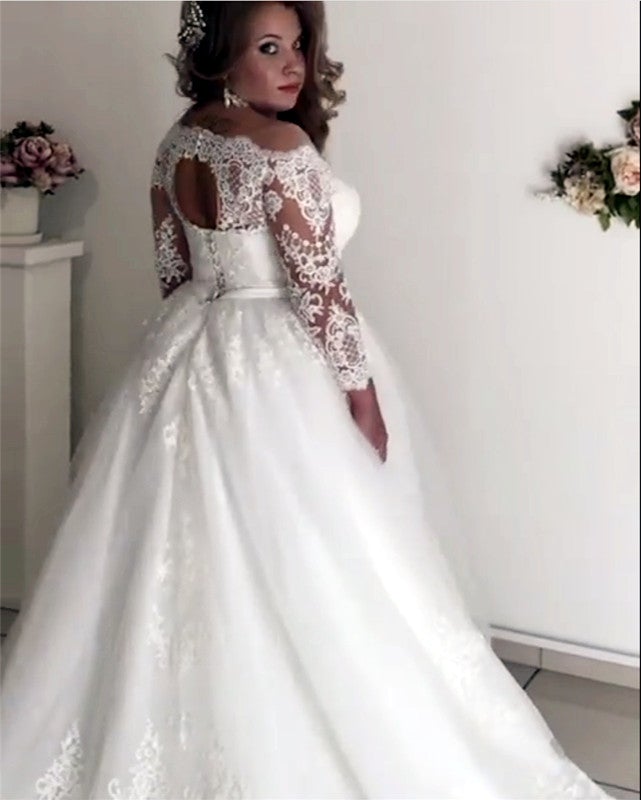 A-line Illusion Lace Long Sleeves Tulle Wedding Dresses Plus Size