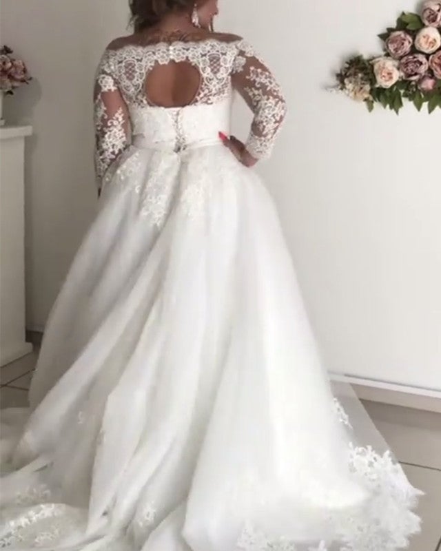 A-line Illusion Lace Long Sleeves Tulle Wedding Dresses Plus Size