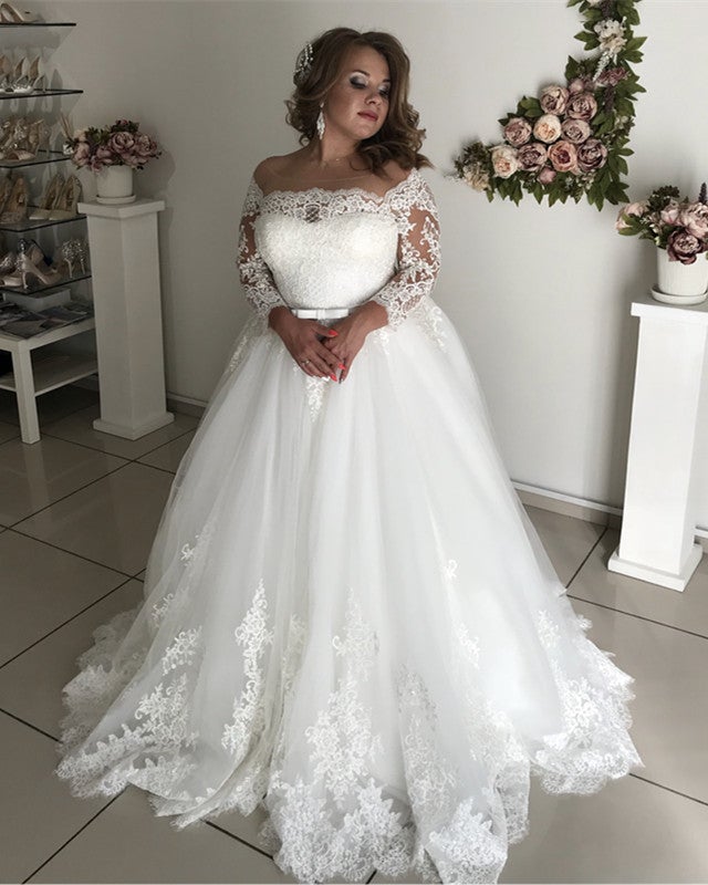 A-line Illusion Lace Long Sleeves Tulle Wedding Dresses Plus Size