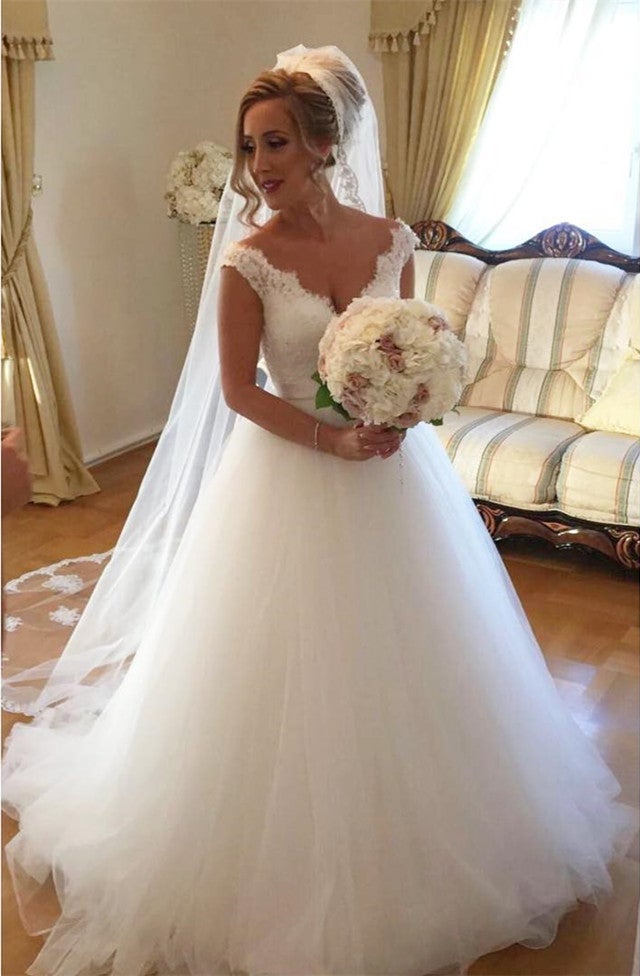 A-line Lace V-neck Tulle Princess Floor Length Wedding Dresses