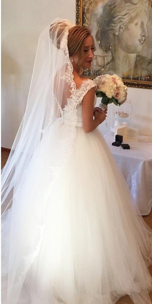 A-line Lace V-neck Tulle Princess Floor Length Wedding Dresses