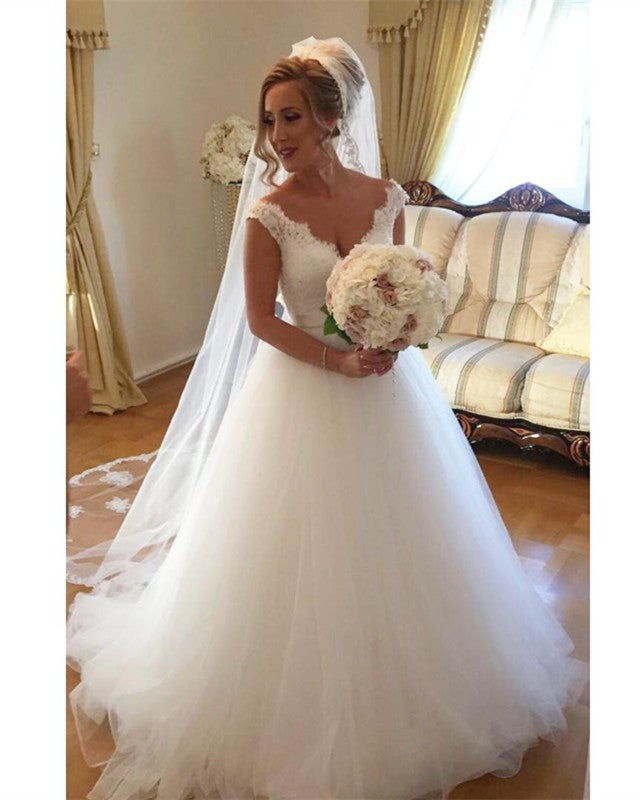 A-line Lace V-neck Tulle Princess Floor Length Wedding Dresses