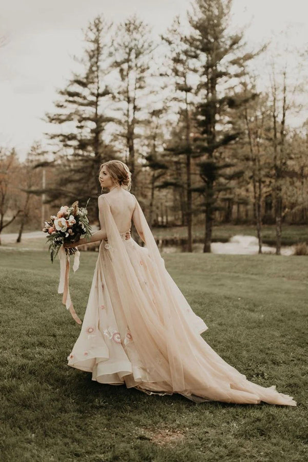 A-line 3D Flower Colorful V Neck Tulle Forest Wedding Dresses TN394