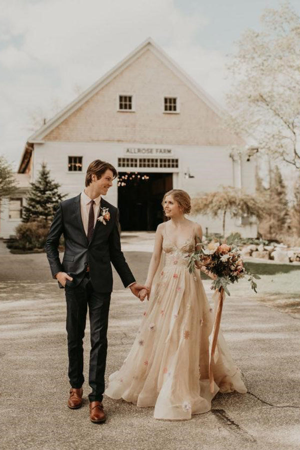 A-line 3D Flower Colorful V Neck Tulle Forest Wedding Dresses TN394