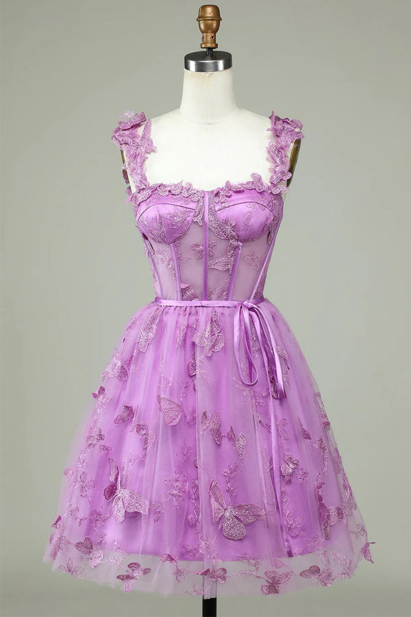 A-line Butterfly Corset Homecoming Dress Magenta Graduation Dress HD0208