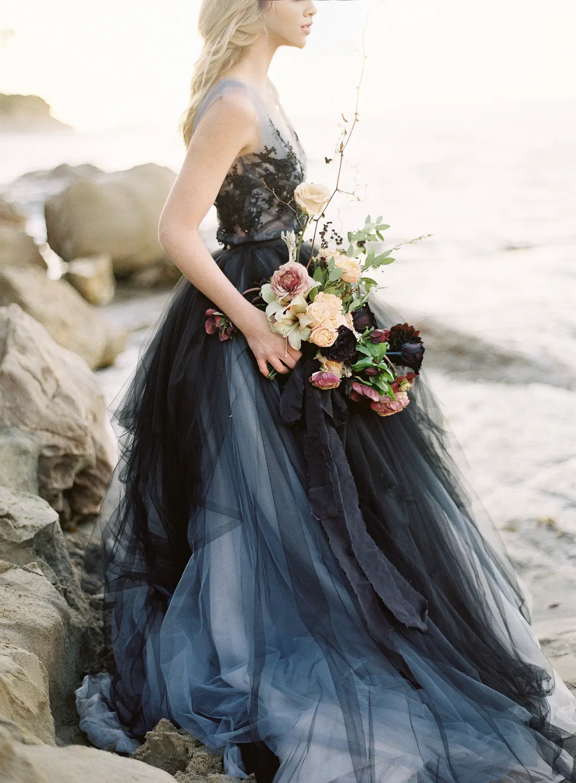 A-line Elegant Sleeveless Floor Length Backless Black Tulle Wedding Prom Party Dress With Train/No Veil Included