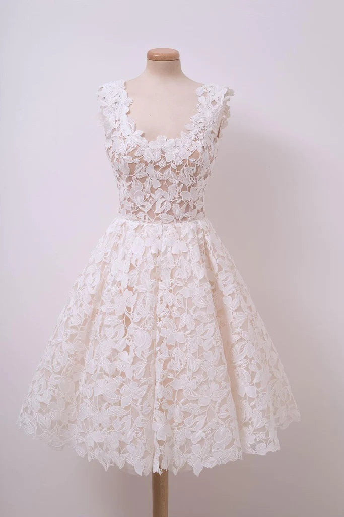 A-line Ivory Lace Homecoming Dresses Square Neck Short Prom Dress HD0061