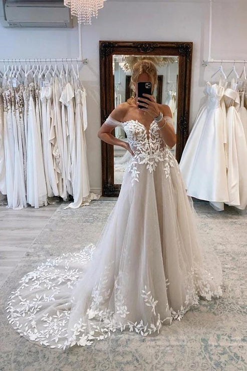 A-line Lace Beach Wedding Dress with Off Shoulder Tulle Appliques Off Shoulder