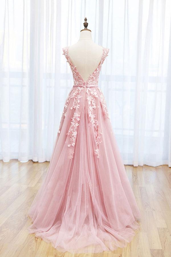 A-line Lace Pink Long Prom Dress Lace V Neck Formal Dress TP1137