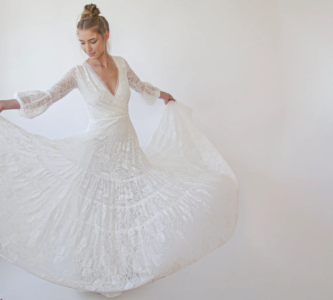 A-line Layered Skirt Maxi Lace Wedding Dress Wrap Neckline Puffy Bracelet Sleeves Deep V Neck Bride Dress