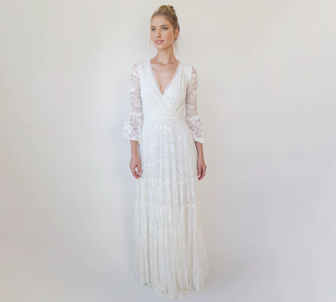 A-line Layered Skirt Maxi Lace Wedding Dress Wrap Neckline Puffy Bracelet Sleeves Deep V Neck Bride Dress