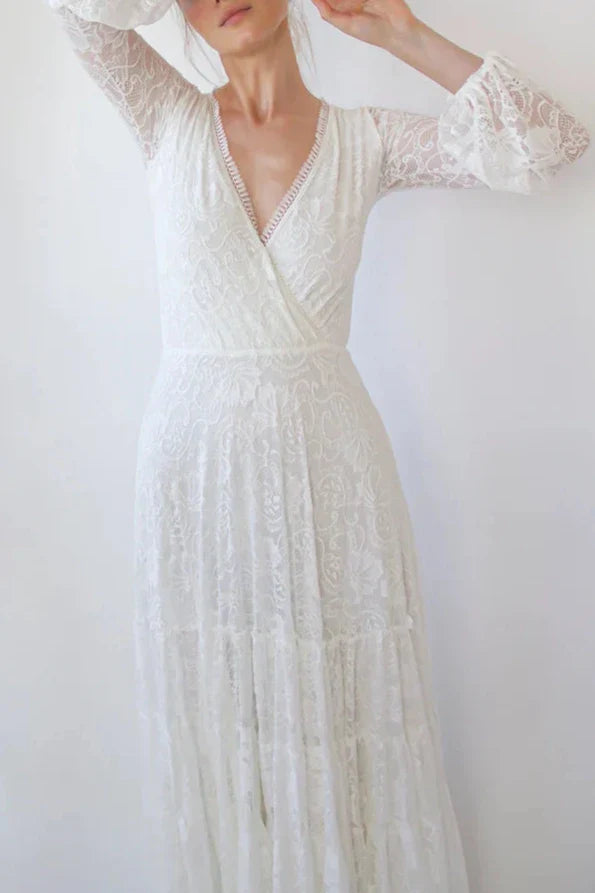 A-line Layered Skirt Maxi Lace Wedding Dress Wrap Neckline Puffy Bracelet Sleeves Deep V Neck Bride Dress