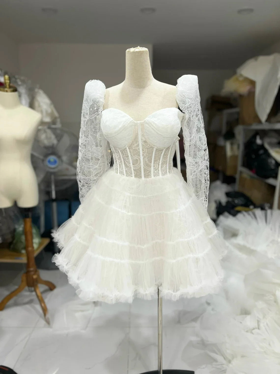 A-line Lace Wedding Dress Ivory Dress Bridal Dress Engagement Dress Mini Wedding Dress Plus size Dress Gift For Her Long Sleeves Dress ﻿