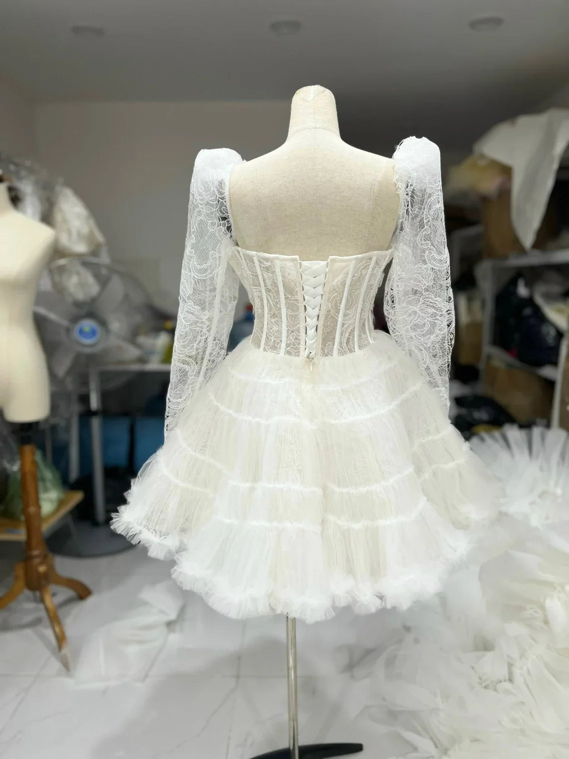 A-line Lace Wedding Dress Ivory Dress Bridal Dress Engagement Dress Mini Wedding Dress Plus size Dress Gift For Her Long Sleeves Dress ﻿