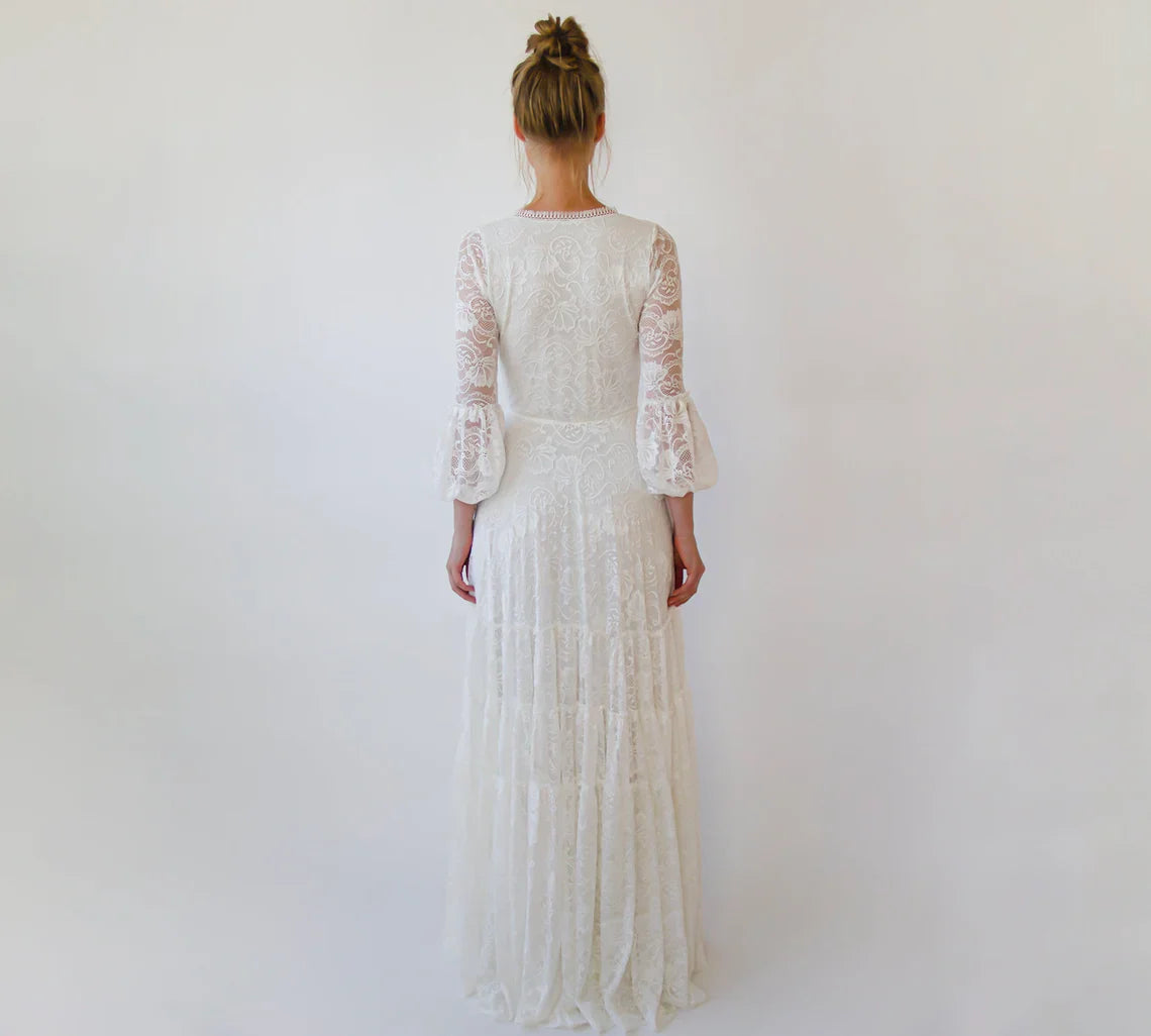 A-line Layered Skirt Maxi Lace Wedding Dress Wrap Neckline Puffy Bracelet Sleeves Deep V Neck Bride Dress