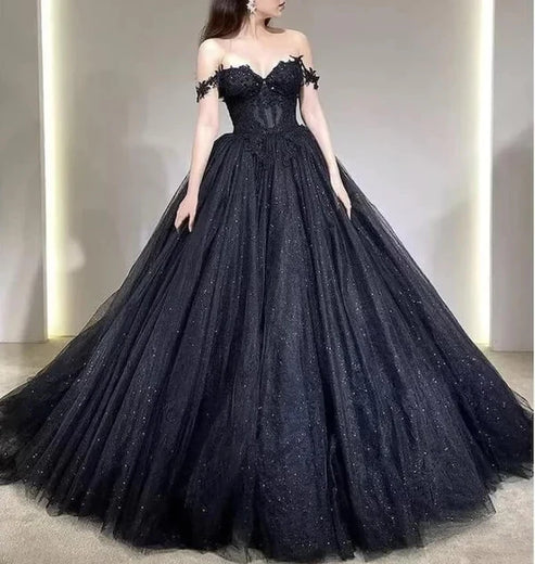 A Line Black Gothic Wedding Dresses Off the Shoulder Lace Tulle Sexy