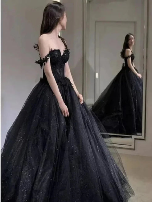 A Line Black Gothic Wedding Dresses Off the Shoulder Lace Tulle Sexy