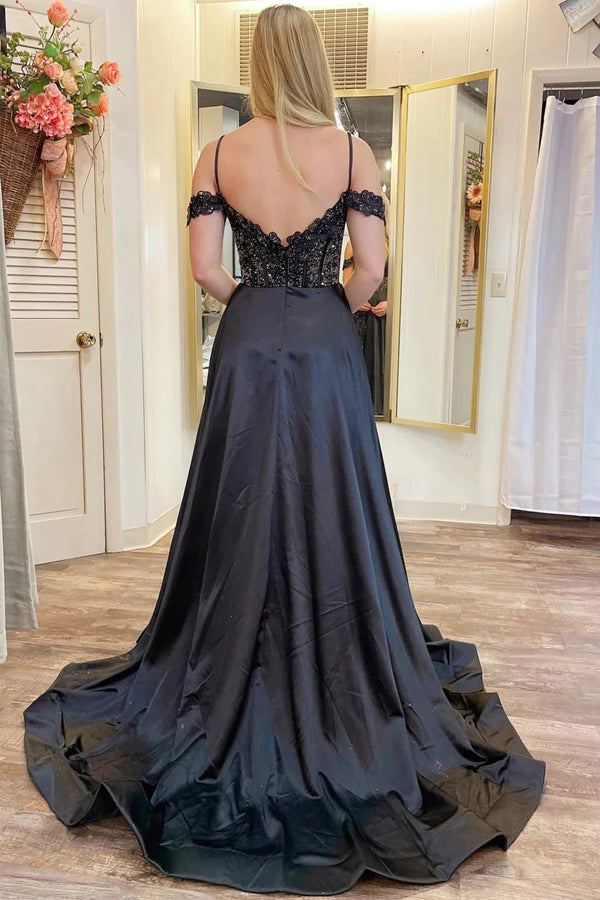 A Line Cold-Shoulder Sequined Lace Black Prom Dress With Slit TP1303