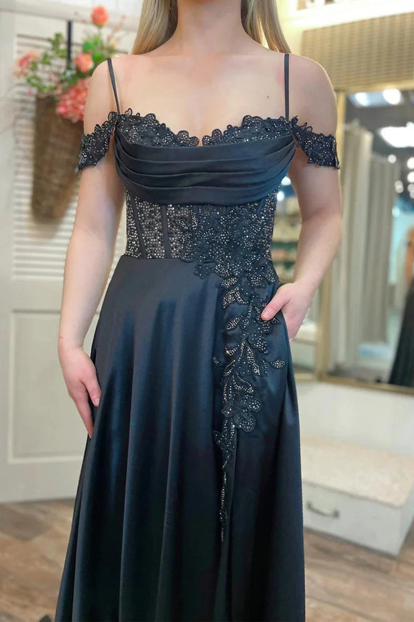 A Line Cold-Shoulder Sequined Lace Black Prom Dress With Slit TP1303