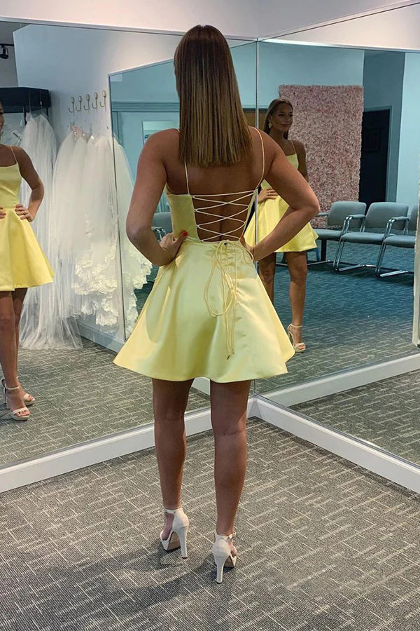A Line Cute Scoop Neck Yellow Short Homecoming Dresses HD0194