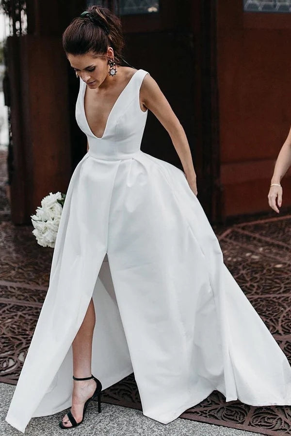 A Line Deep V Neck Open Back White Long Wedding Dresses Bridal Gown TN359