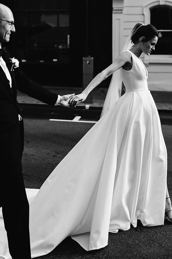 A Line Deep V Neck Open Back White Long Wedding Dresses Bridal Gown TN359