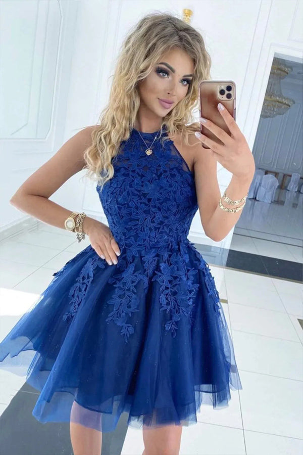 A Line Halter Short Red Homecoming Dress with Appliques TN421