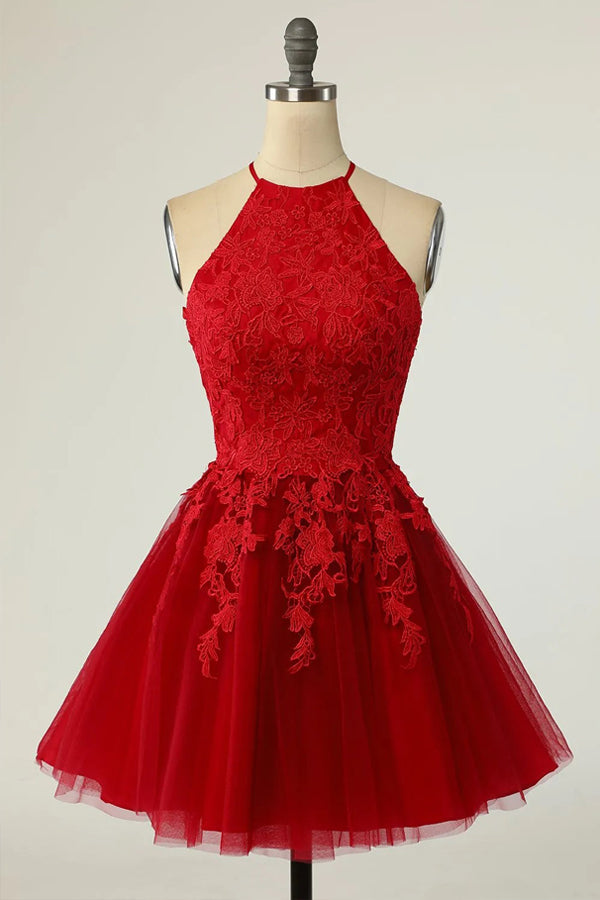 A Line Halter Short Red Homecoming Dress with Appliques TN421