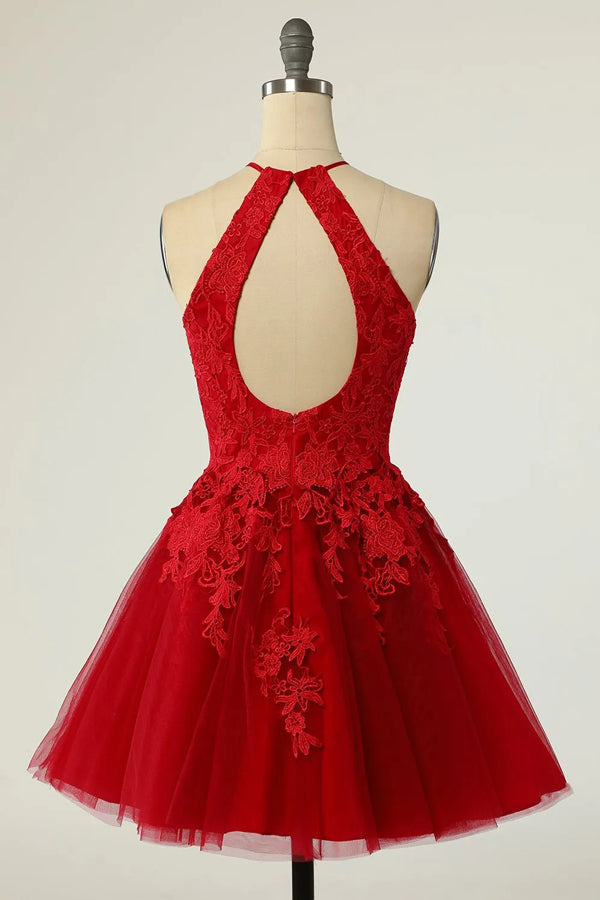 A Line Halter Short Red Homecoming Dress with Appliques TN421