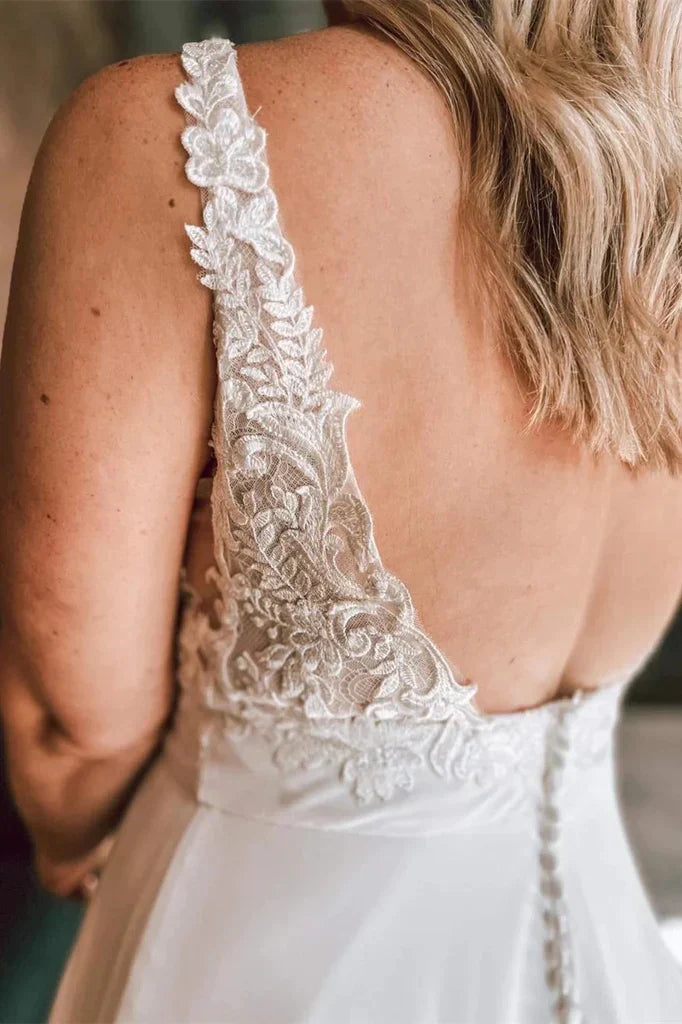 A Line Floral Lace Open Back Ivory Long Wedding Dresses