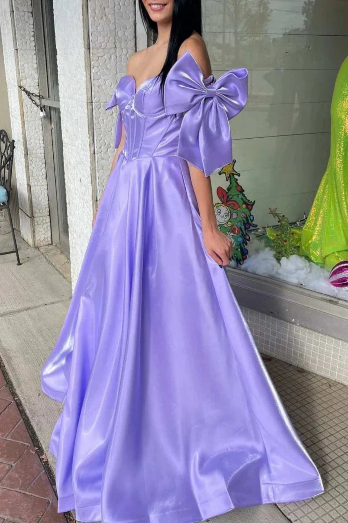 A Line Off the Shoulder Hot Pink/Lilac Satin Long Prom Dress with Bow, Long Hot Pink/Lilac Formal Graduation Evening Dress