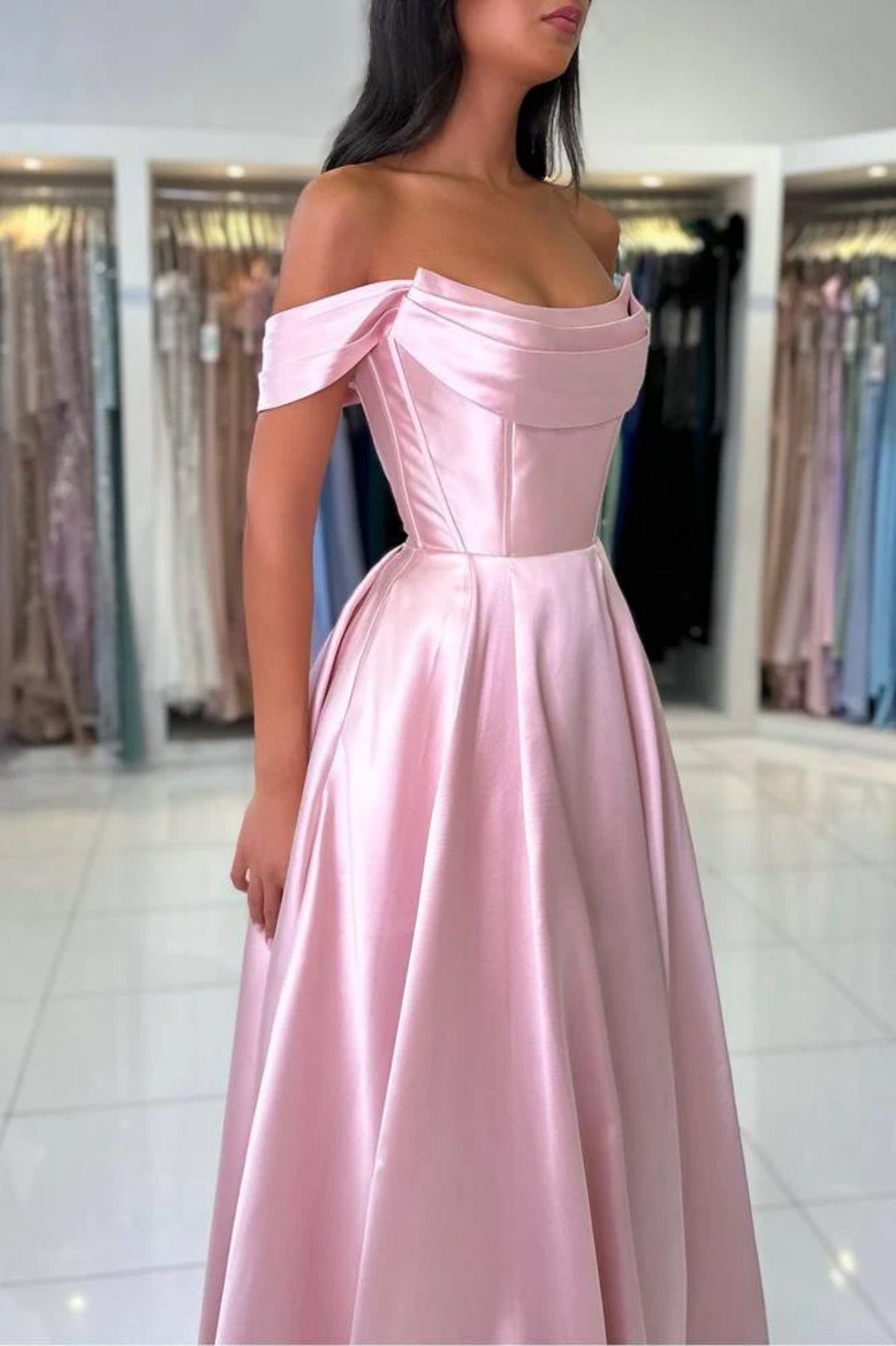 A Line Off the Shoulder Pink Satin Long Prom Dress, Off Shoulder Pink Formal Dress, Pink Evening Dress A2368