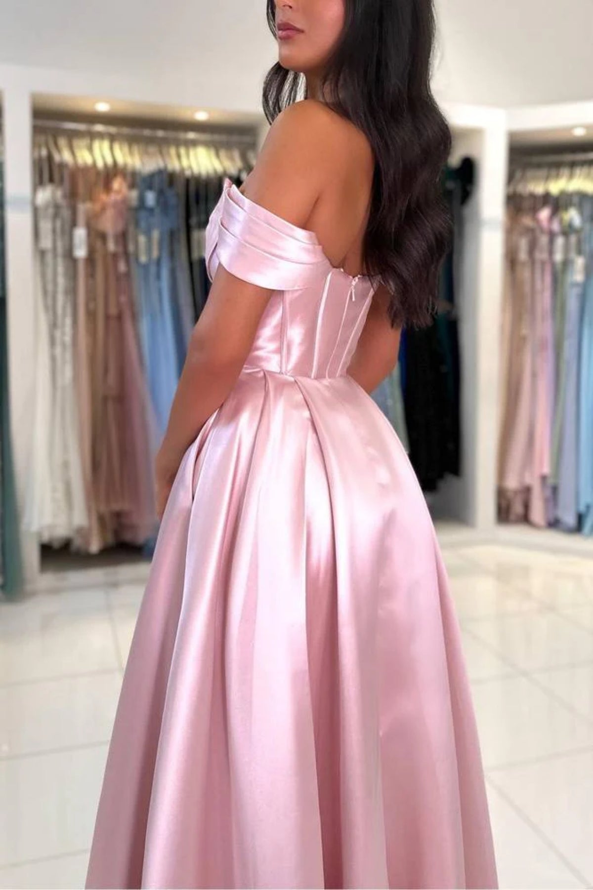 A Line Off the Shoulder Pink Satin Long Prom Dress, Off Shoulder Pink Formal Dress, Pink Evening Dress A2368