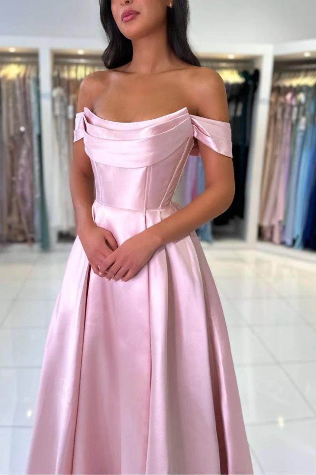 A Line Off the Shoulder Pink Satin Long Prom Dress, Off Shoulder Pink Formal Dress, Pink Evening Dress A2368
