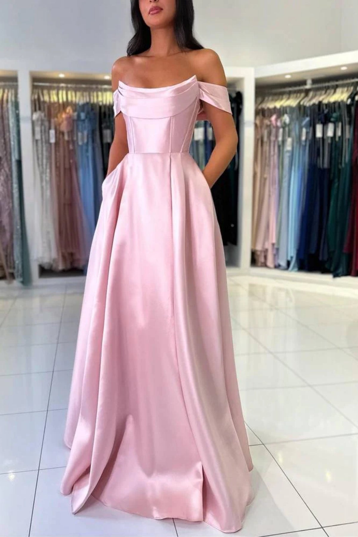 A Line Off the Shoulder Pink Satin Long Prom Dress, Off Shoulder Pink Formal Dress, Pink Evening Dress A2368