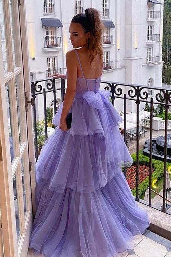 A Line Purple Tulle Long Prom Dresses Layered Evening Formal Dresses TP1100
