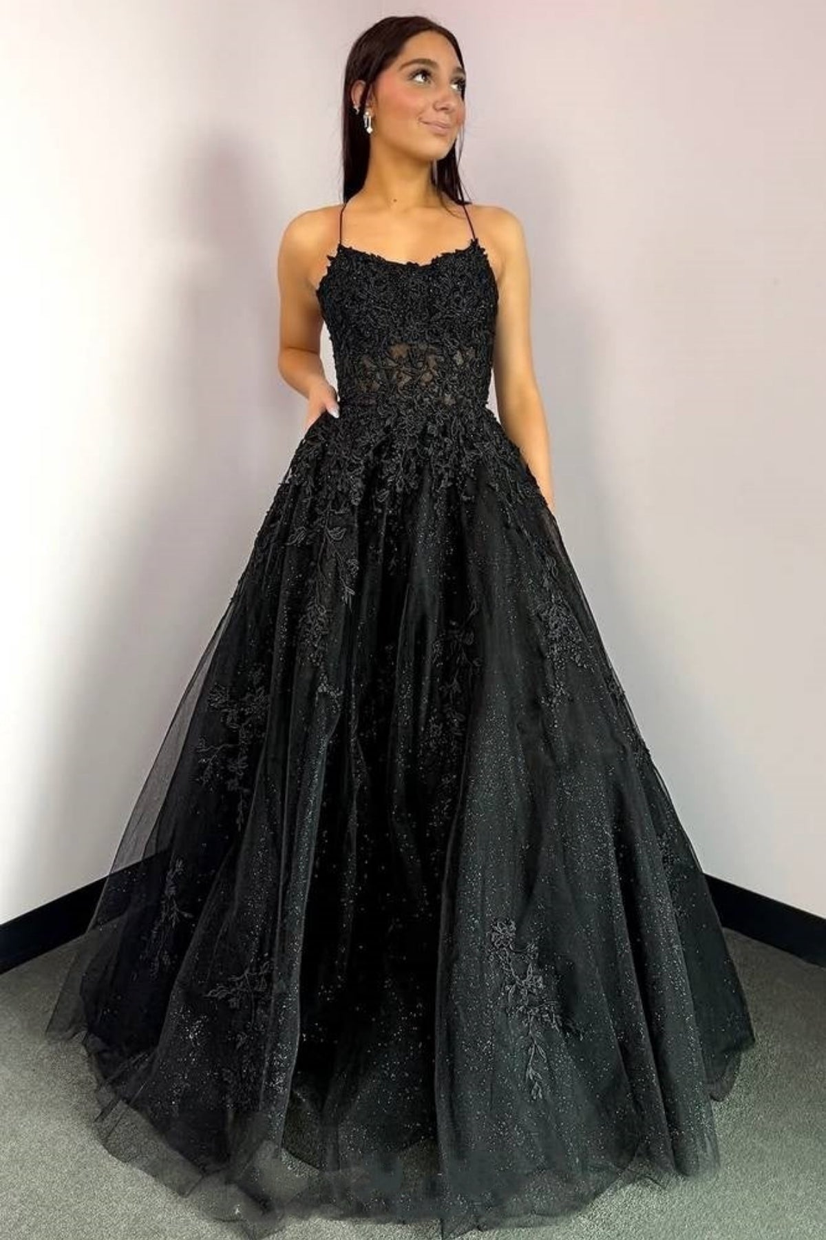 A Line Spaghetti Straps Black Lace Long Prom Dress, Black Lace Formal Graduation Evening Dress A2284