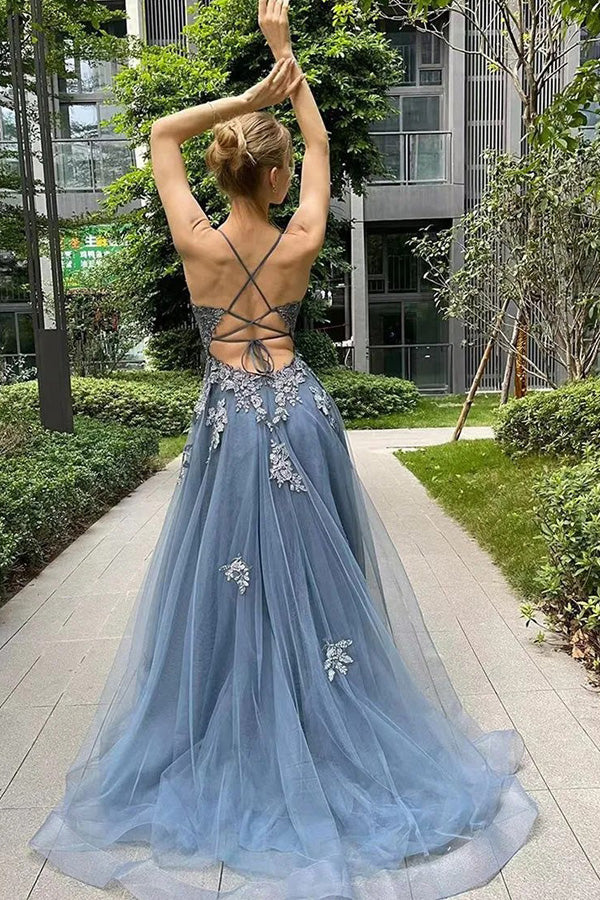 A Line Spaghetti Straps Corset Back Split Long Prom Dress TP1287