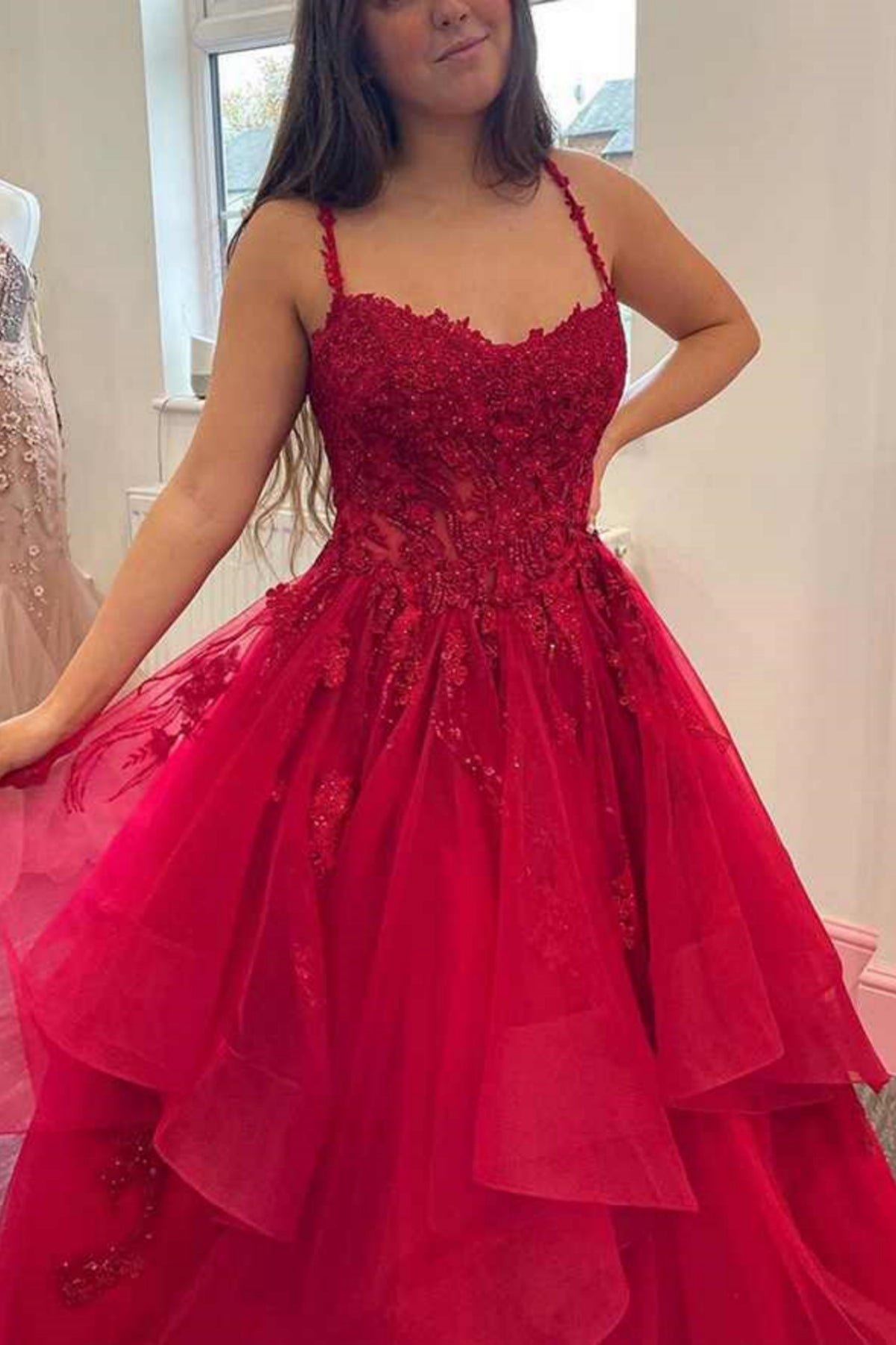 A Line Spaghetti Straps Fluffy Red Lace Long Prom Dress, Red Lace Formal Dress, Long Red Evening Dress A2369