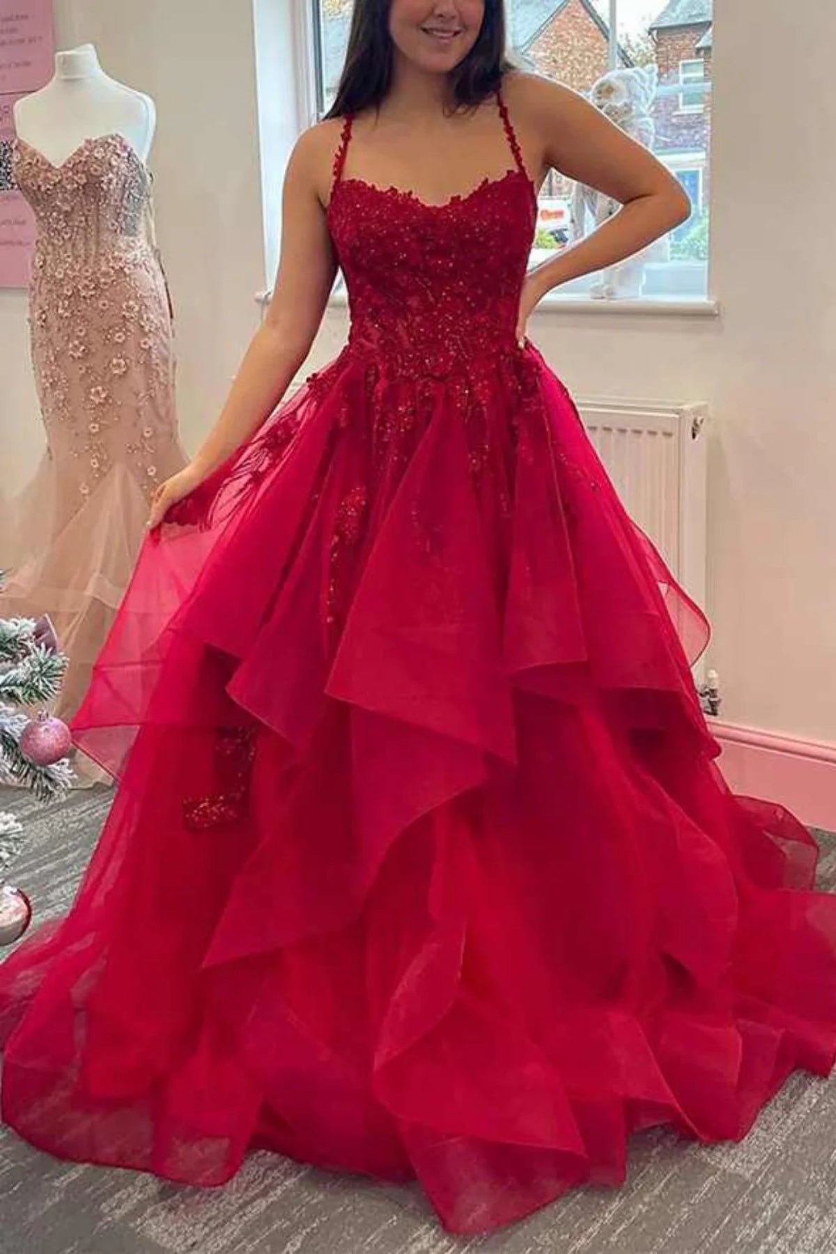 A Line Spaghetti Straps Fluffy Red Lace Long Prom Dress, Red Lace Formal Dress, Long Red Evening Dress A2369