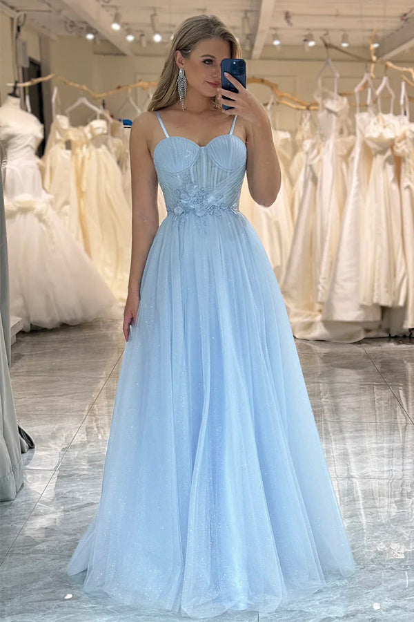 A Line Spaghetti Straps Tulle Blue Prom Dress With Appliques TP1257