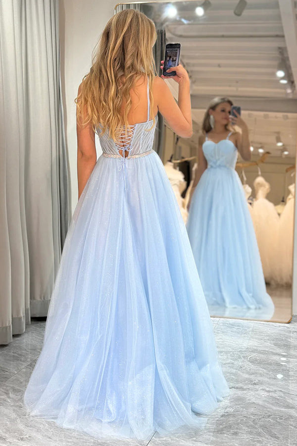A Line Spaghetti Straps Tulle Blue Prom Dress With Appliques TP1257