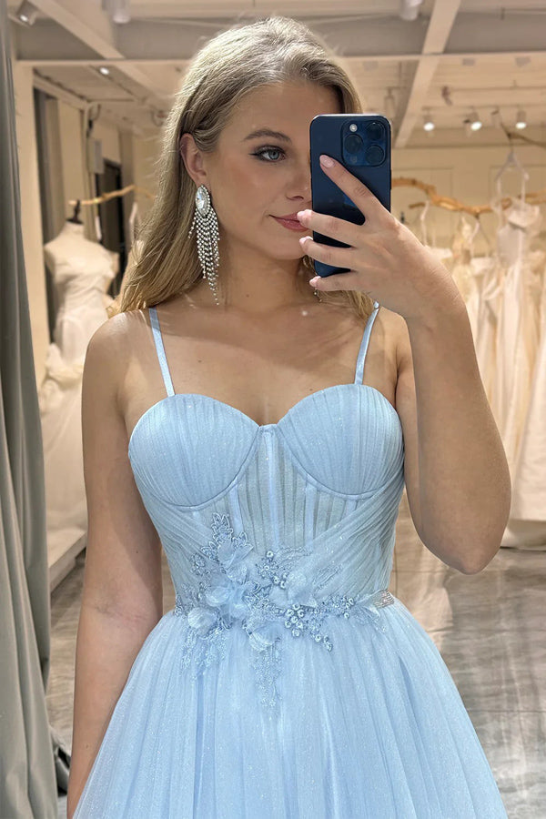 A Line Spaghetti Straps Tulle Blue Prom Dress With Appliques TP1257