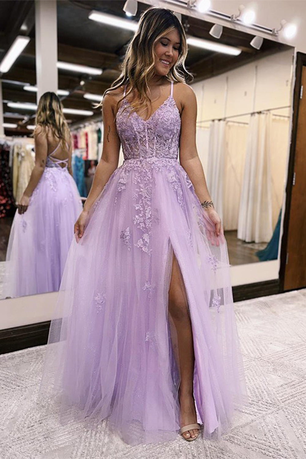 A Line Spaghetti Straps Lilac Long Prom Dress with Appliques TP1245
