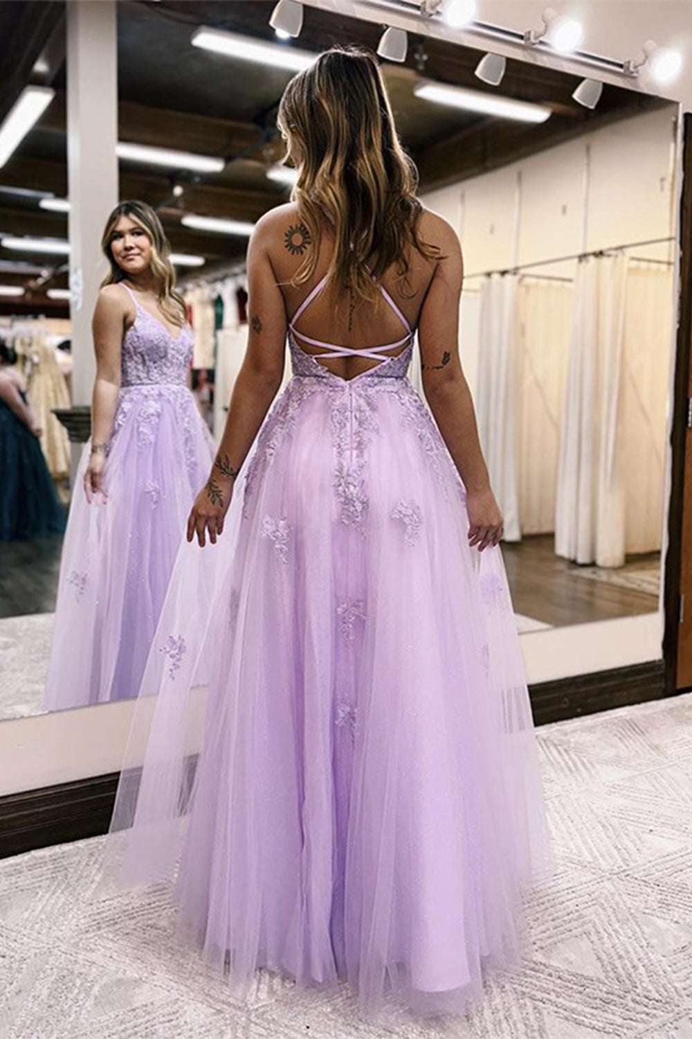 A Line Spaghetti Straps Lilac Long Prom Dress with Appliques TP1245