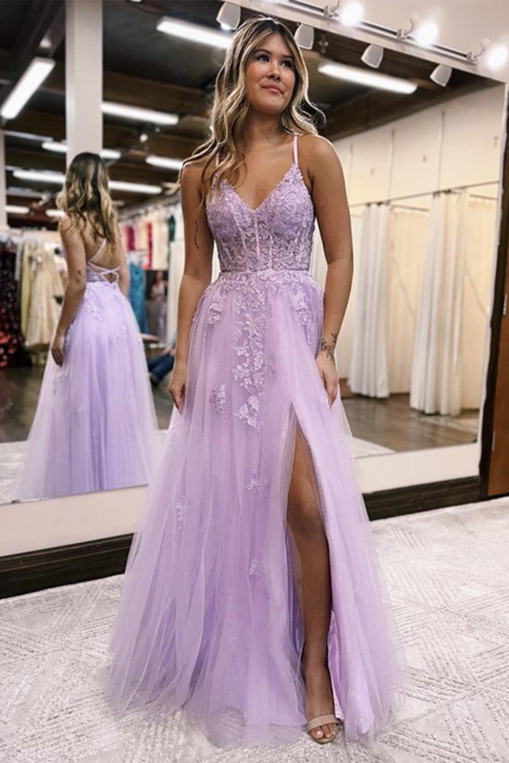 A Line Spaghetti Straps Lilac Long Prom Dress with Appliques TP1245