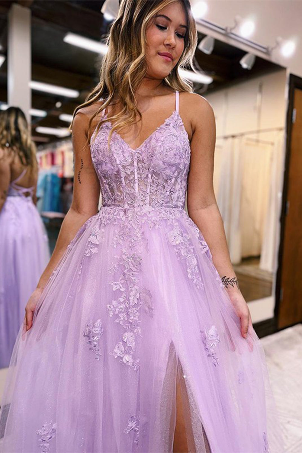 A Line Spaghetti Straps Lilac Long Prom Dress with Appliques TP1245