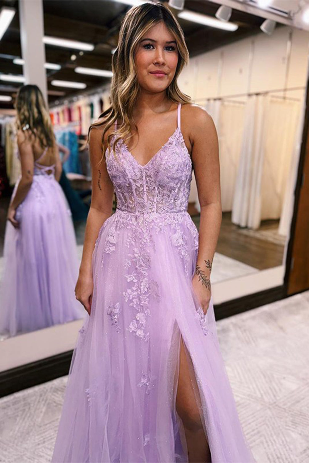 A Line Spaghetti Straps Lilac Long Prom Dress with Appliques TP1245