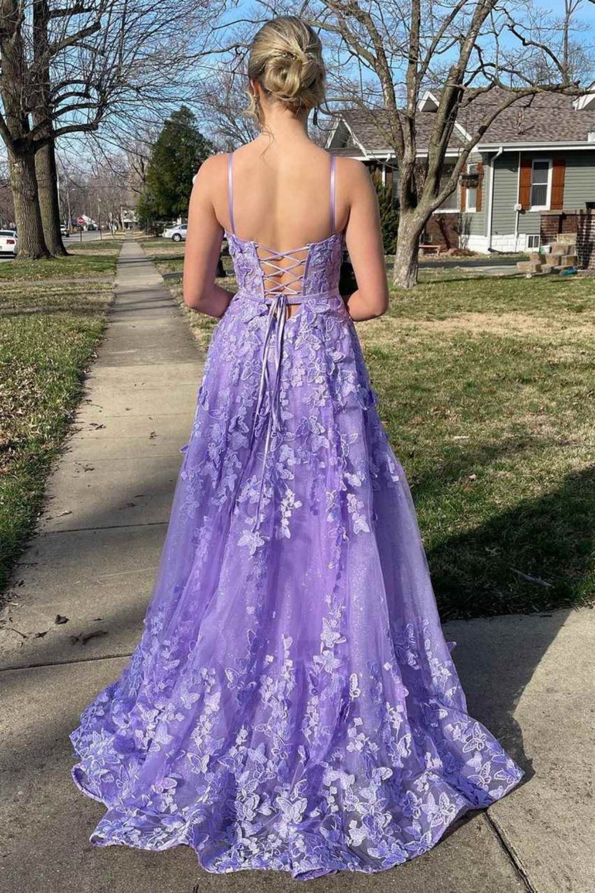 A Line Spaghetti Straps Open Back Purple Lace Long Prom Dress, Purple Lace Formal Dress, Lilac Evening Dress A2375