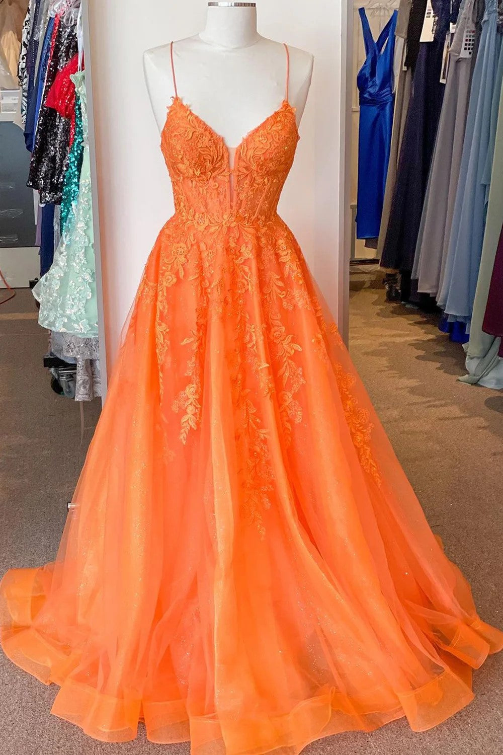 A Line Spaghetti Straps Orange Corset Prom Dress with Appliques TP1269